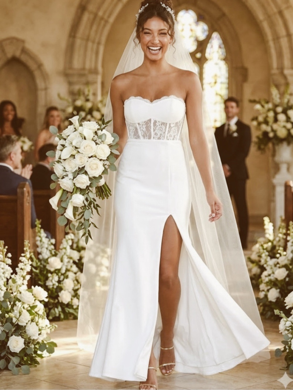 New Lulus Strapless Ivory Lace Bodice Wedding Dress with Front Slit Sz Small